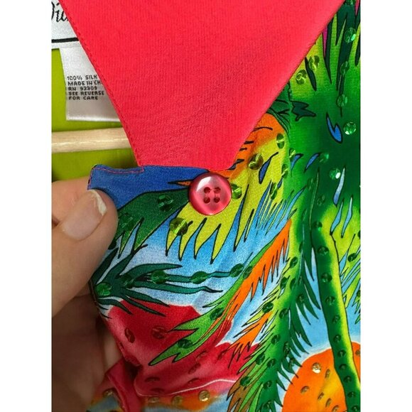 Diane Gilman Silk Blouse Top Size Large Sequin Tropical Dolphin Colorful - Picture 5 of 12